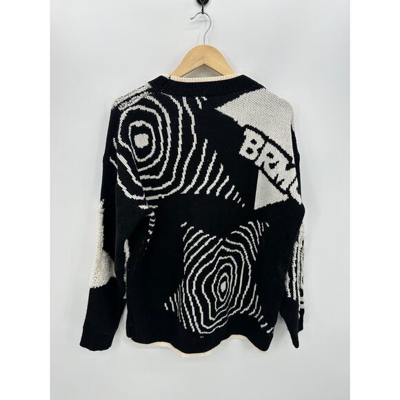 Elfric Eden Mens Black Cream Knit Crewneck Sweater Size L Graphic Artsy 3D Retro - Picture 2 of 8